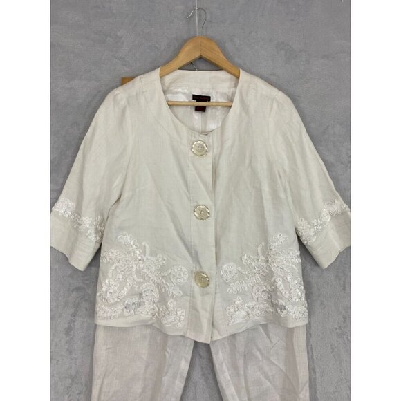 Sara Isabella 100% Linen Pants Blazer Set Small White Shirt Applique Cropped - Picture 3 of 15